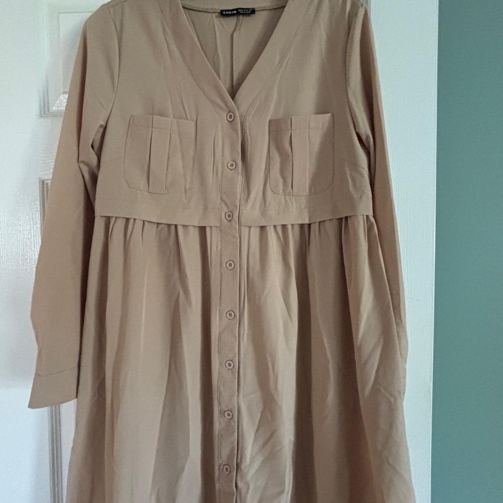 SHEIN Tan Long Sleeve V-Neck Sundress